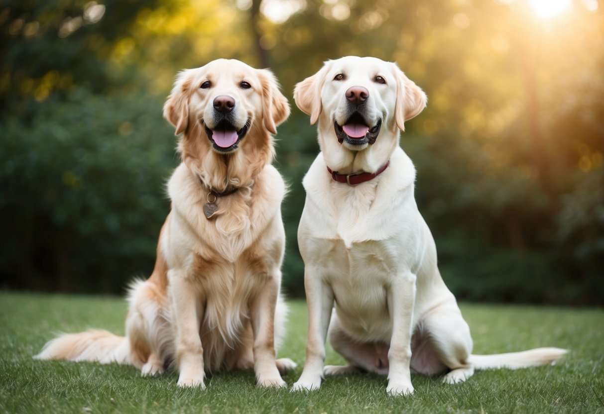 A golden retriever and a labrador sitting side by side, wagging their tails and looking up with adoring eyes
