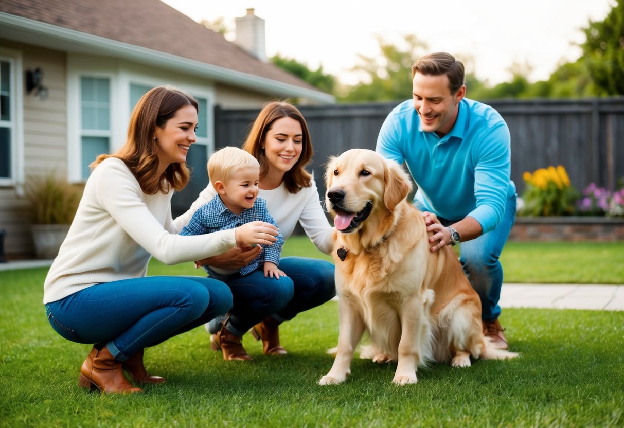 A happy family playing with a friendly Golden Retriever in a spacious backyard, showcasing the breed's suitability for an active and sociable lifestyle
