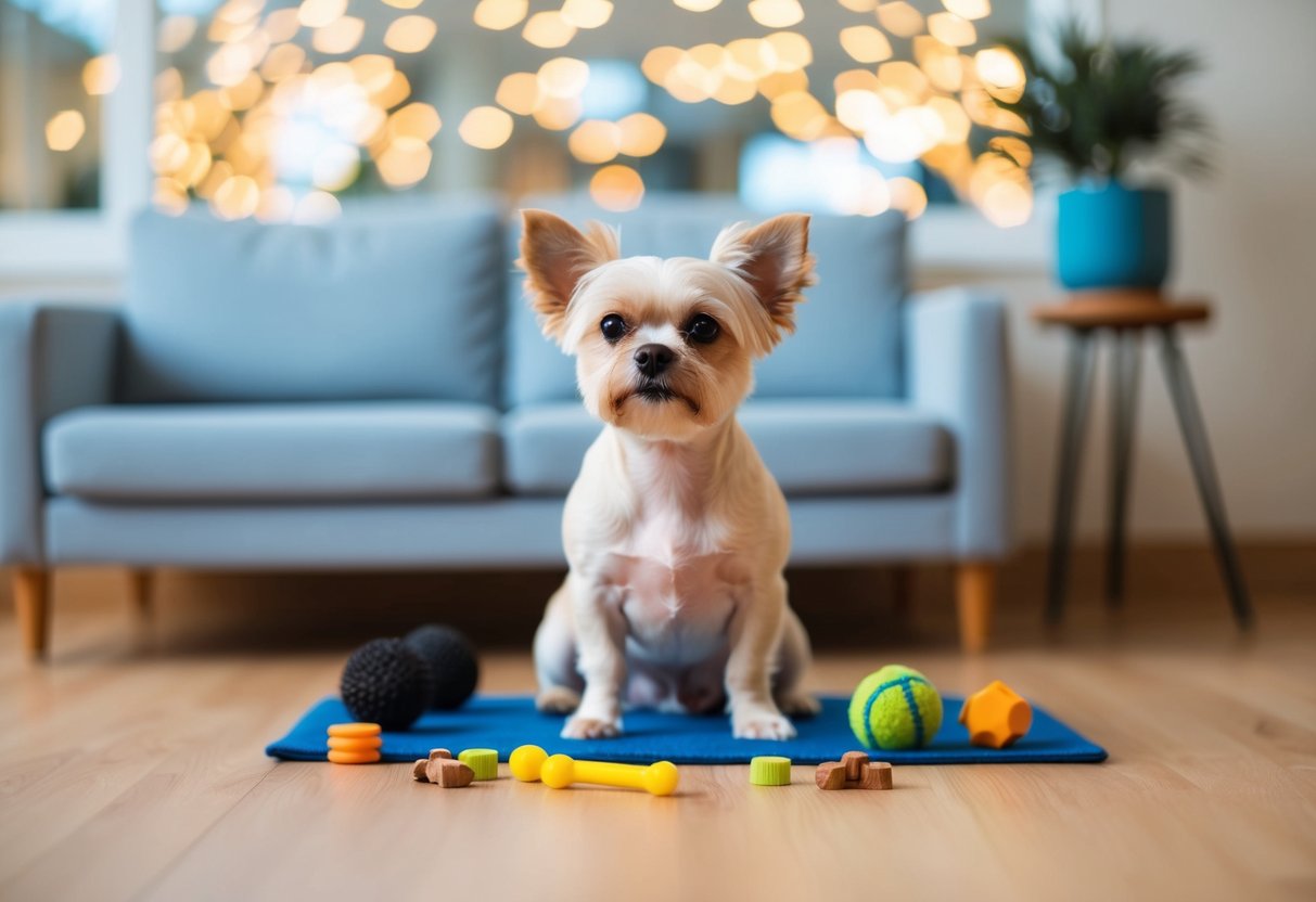 A small, well-groomed dog sitting calmly with attentive eyes, surrounded by training treats and toys