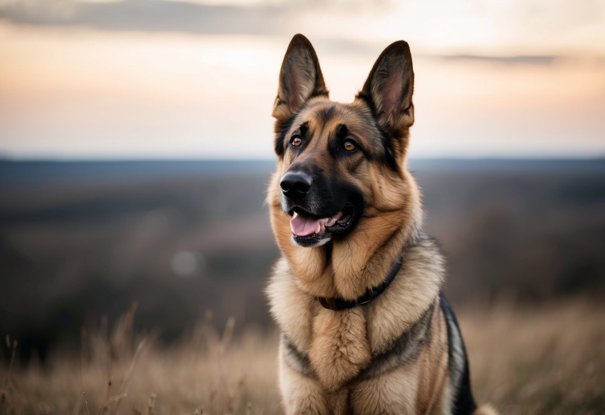 A German Shepherd stands alert, ears raised, and eyes focused on the horizon, exuding confidence and loyalty