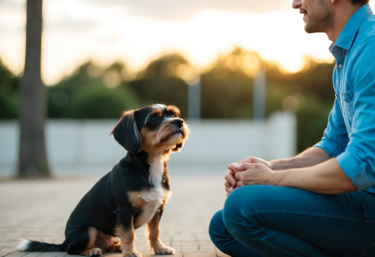 A small, well-behaved dog sitting calmly next to its owner, looking up at them with attentive eyes