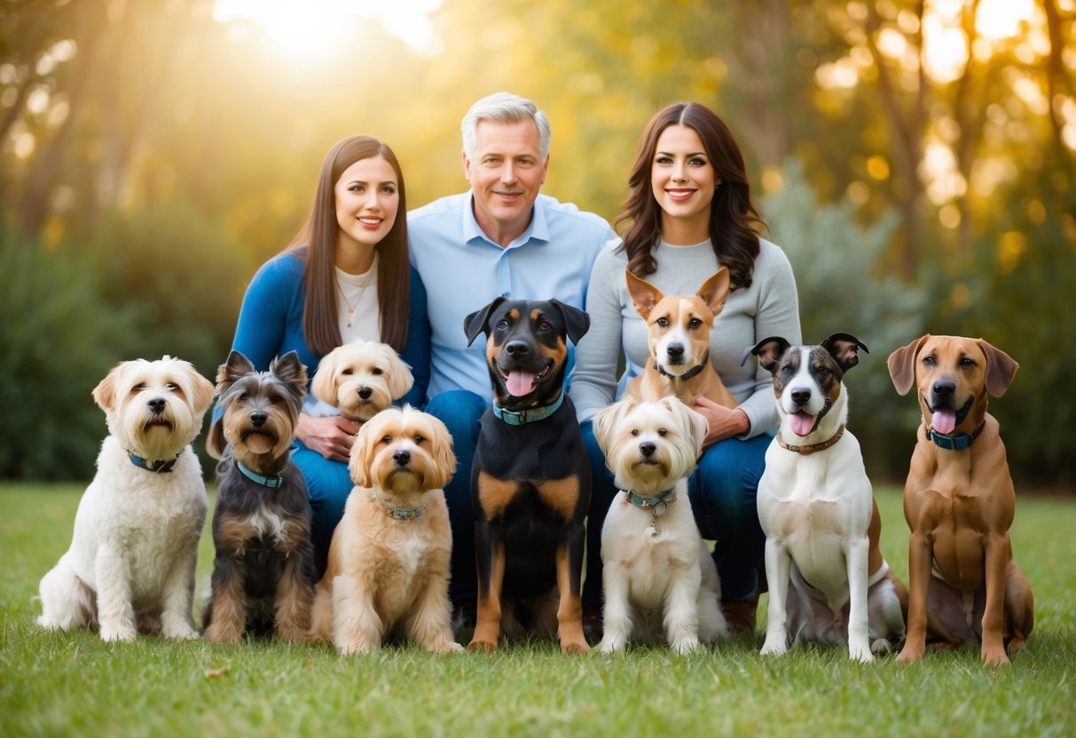 A family surrounded by various dog breeds, looking for the perfect match