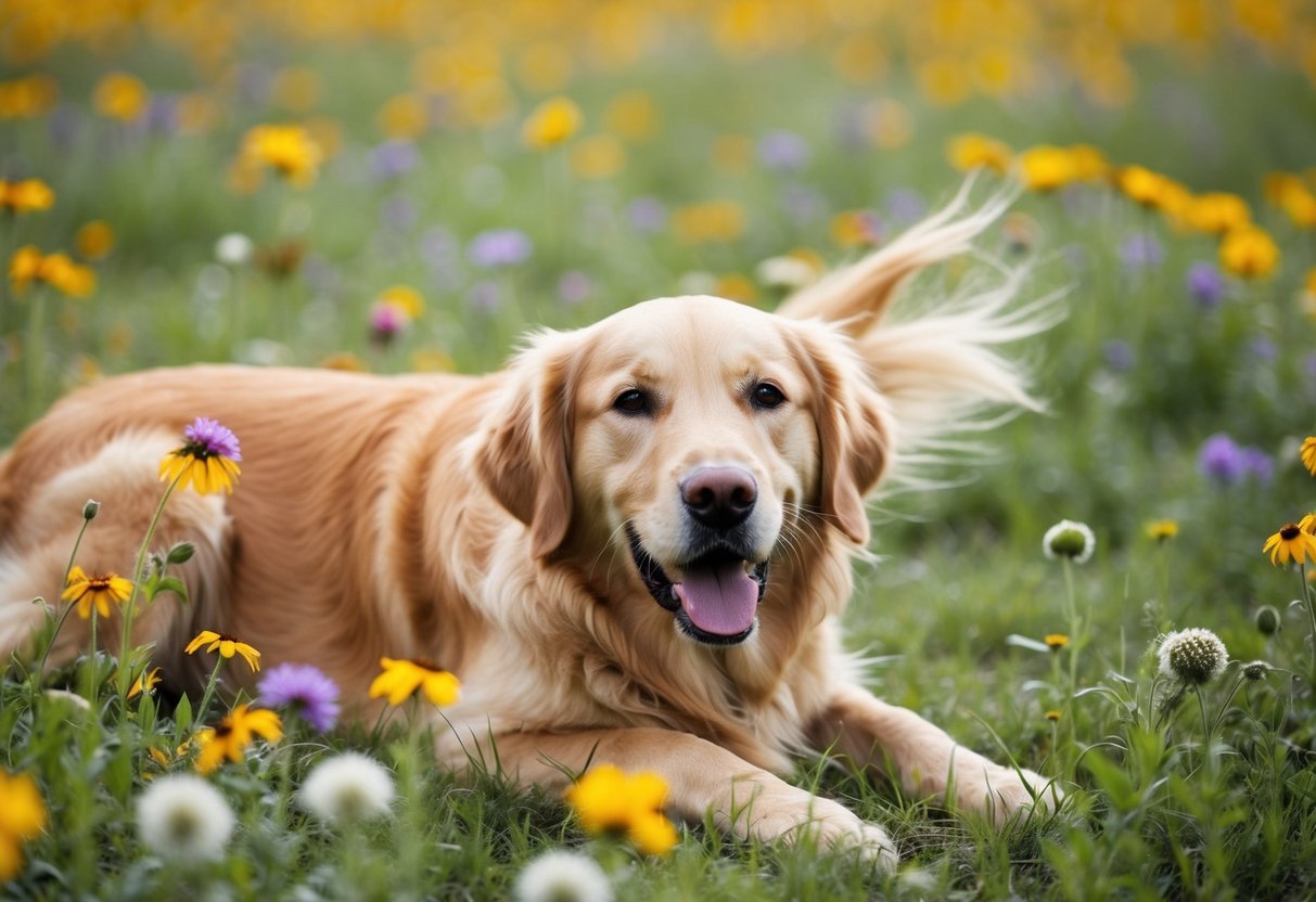 A golden retriever lying in a field of flowers, with a gentle breeze blowing through its fur