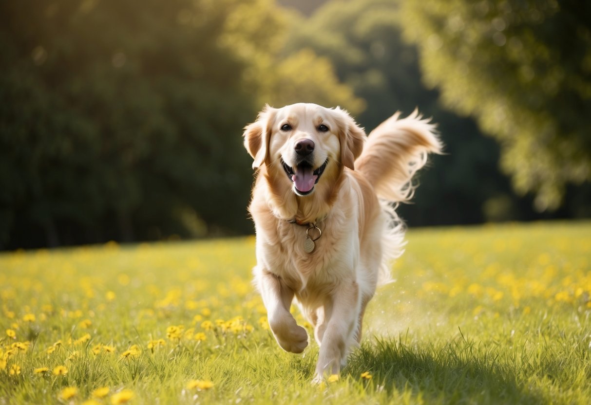 A golden retriever romping in a sunny field, wagging its tail and greeting people with a friendly smile