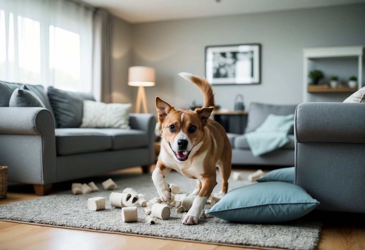 A mischievous, unruly dog causing chaos in a living room, knocking over furniture and tearing up pillows