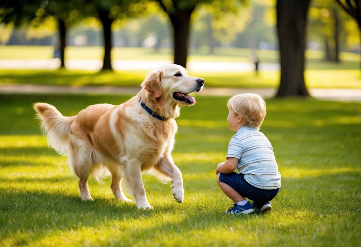 A golden retriever wagging its tail, approaching a child with a gentle expression, surrounded by a peaceful, sunny park