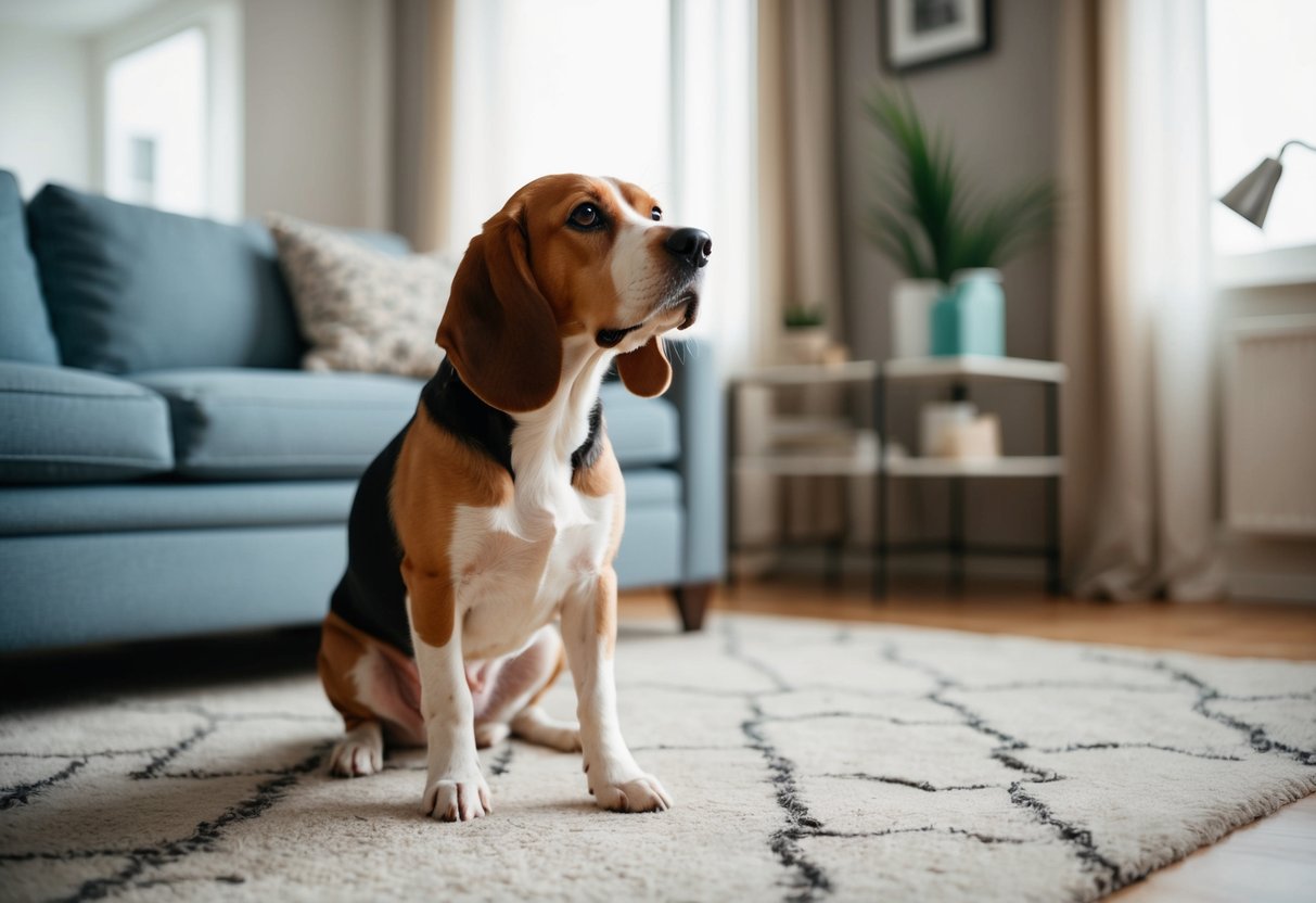 A mischievous beagle ignores commands, causing chaos in a living room