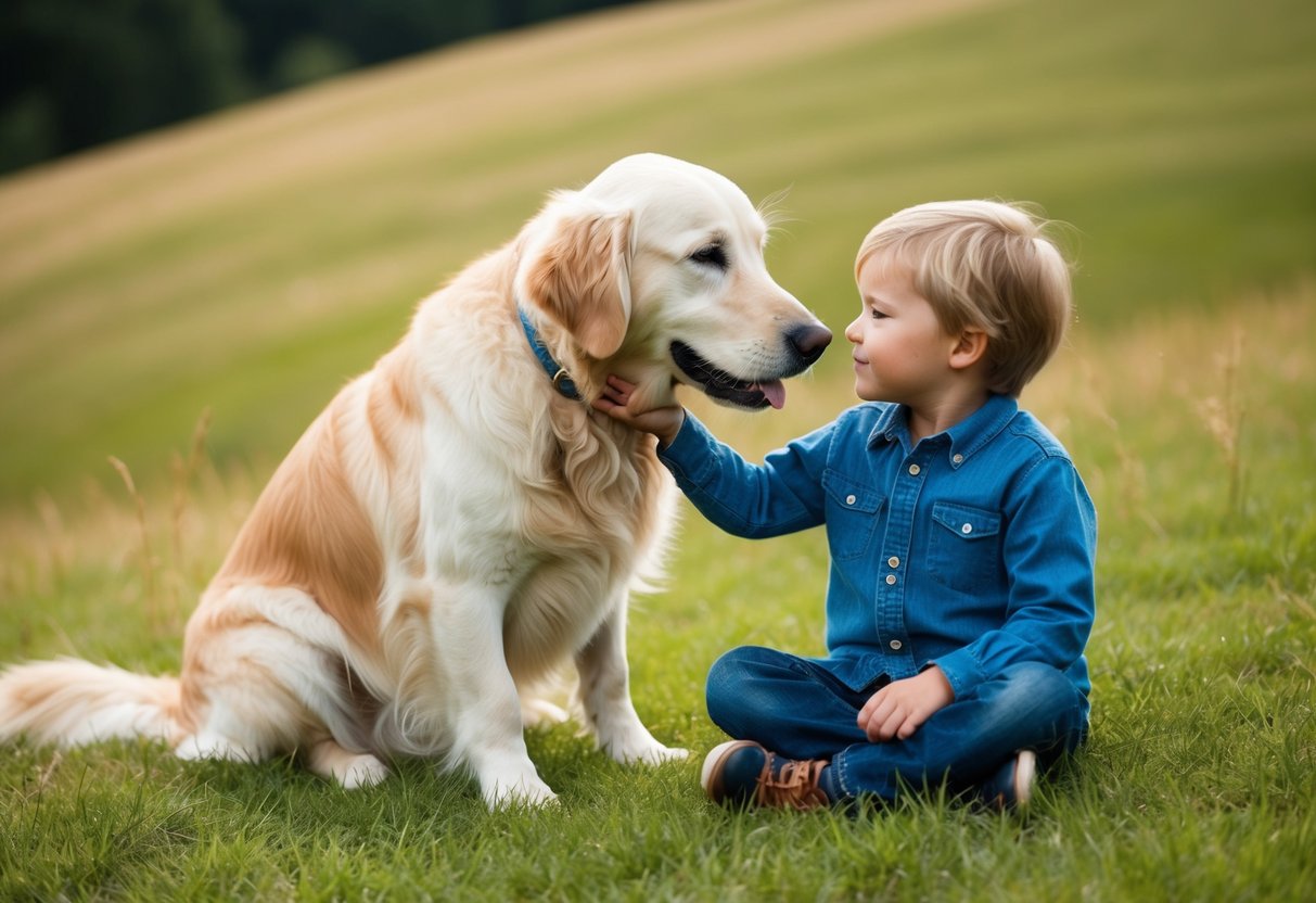 A golden retriever gently nuzzling a child's hand as they sit together on a grassy hill, both looking content and at peace