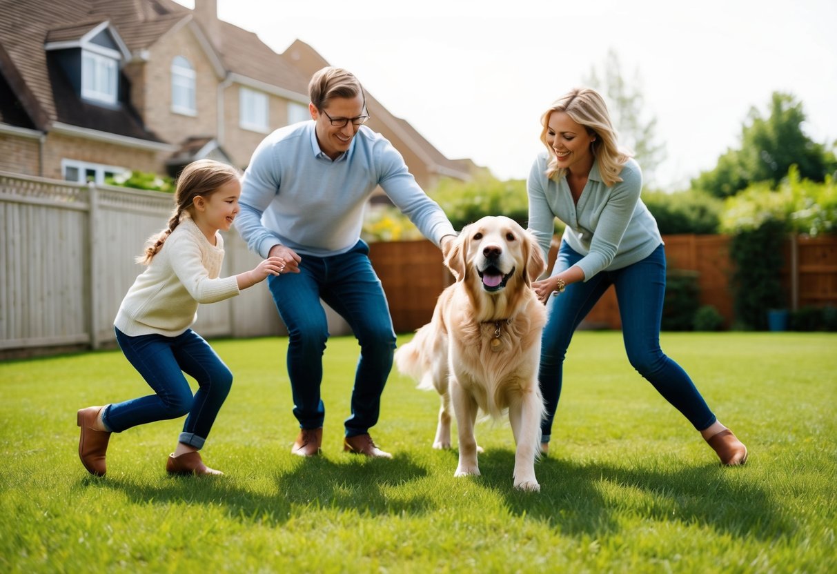 A happy family playing with a friendly golden retriever in a spacious backyard, showcasing the breed's affectionate and gentle nature