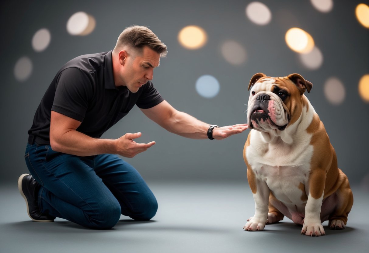 A frustrated trainer attempts to teach a defiant bulldog basic commands, while the dog stubbornly refuses to comply, sitting with a defiant look on its face