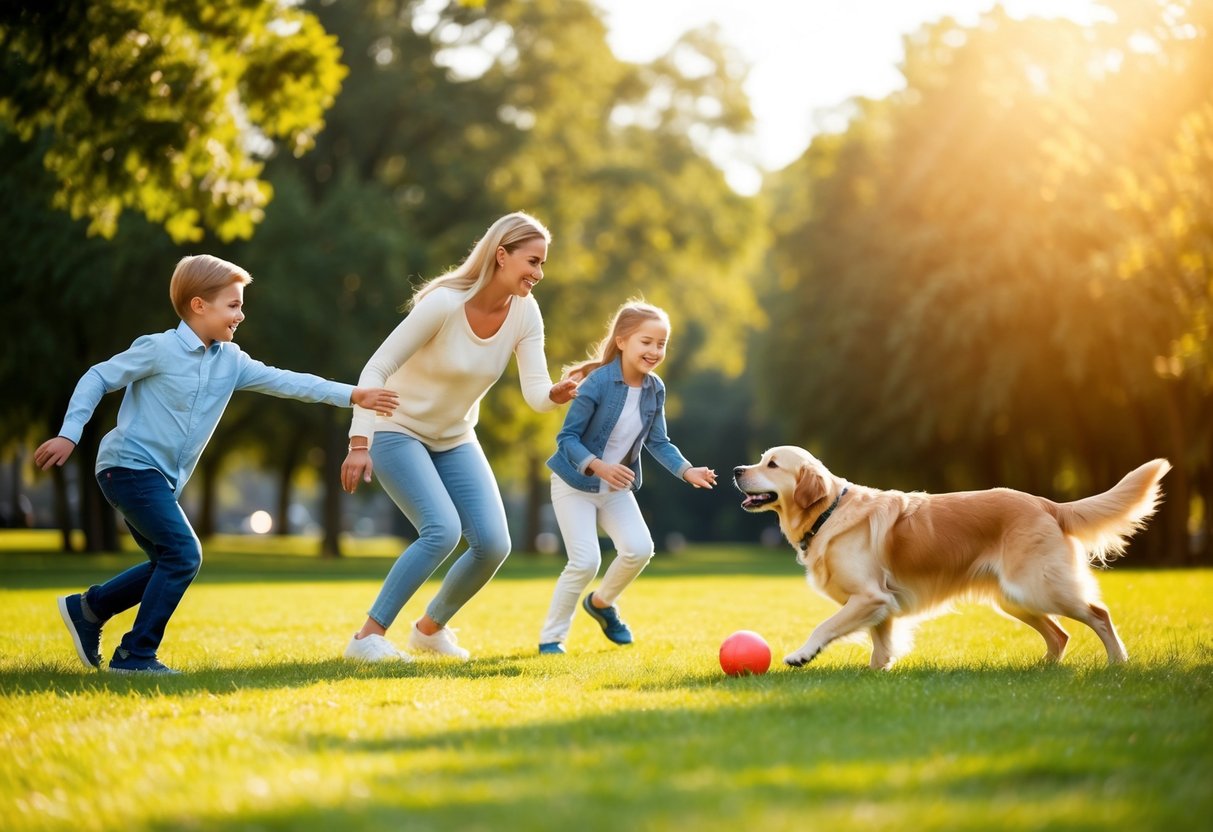 A family playing fetch with a friendly golden retriever in a sunny park
