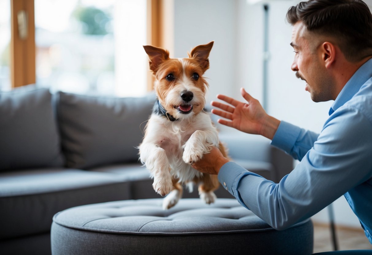 A mischievous, energetic terrier playfully jumps on furniture, ignoring commands from a frustrated owner