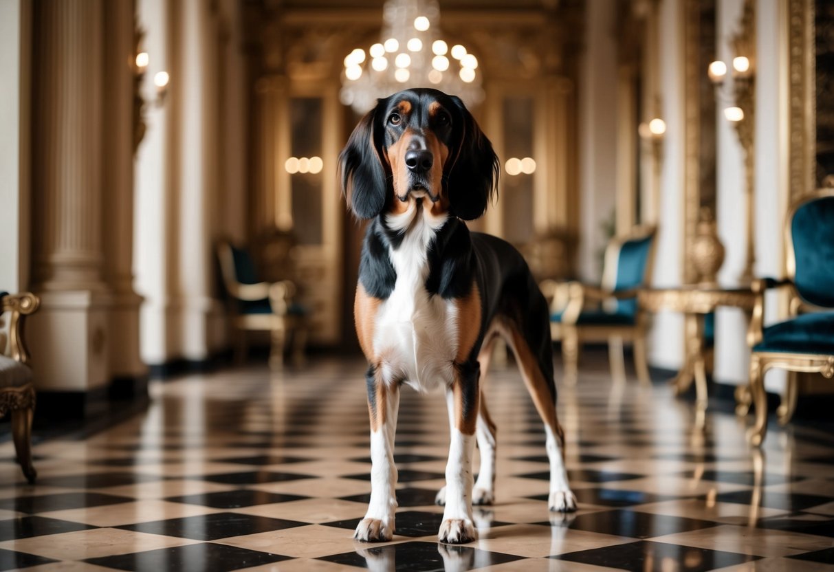 A luxurious, regal-looking Afghan Hound standing in a lavish, ornate setting, exuding an air of opulence and prestige