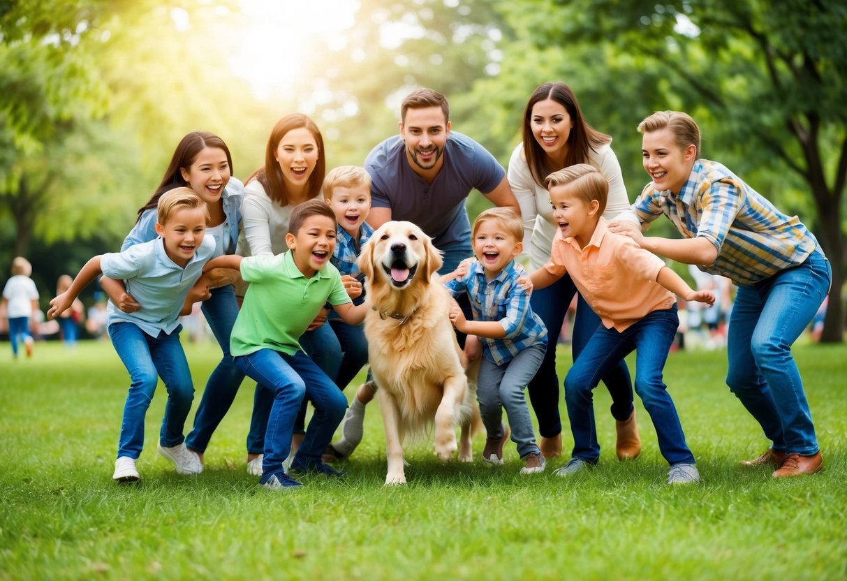 A group of families eagerly surrounding a playful and friendly golden retriever in a lively park setting