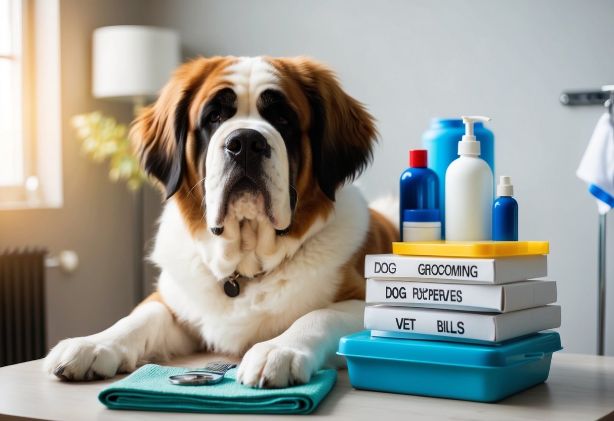 A large, fluffy Saint Bernard dog with a sad expression sits next to a pile of expensive dog grooming supplies and vet bills