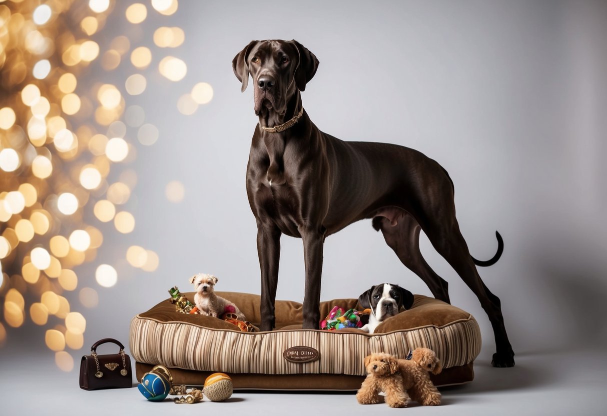 A majestic Great Dane stands tall on a luxurious dog bed, surrounded by opulent toys and accessories, symbolizing the high cost of owning this breed