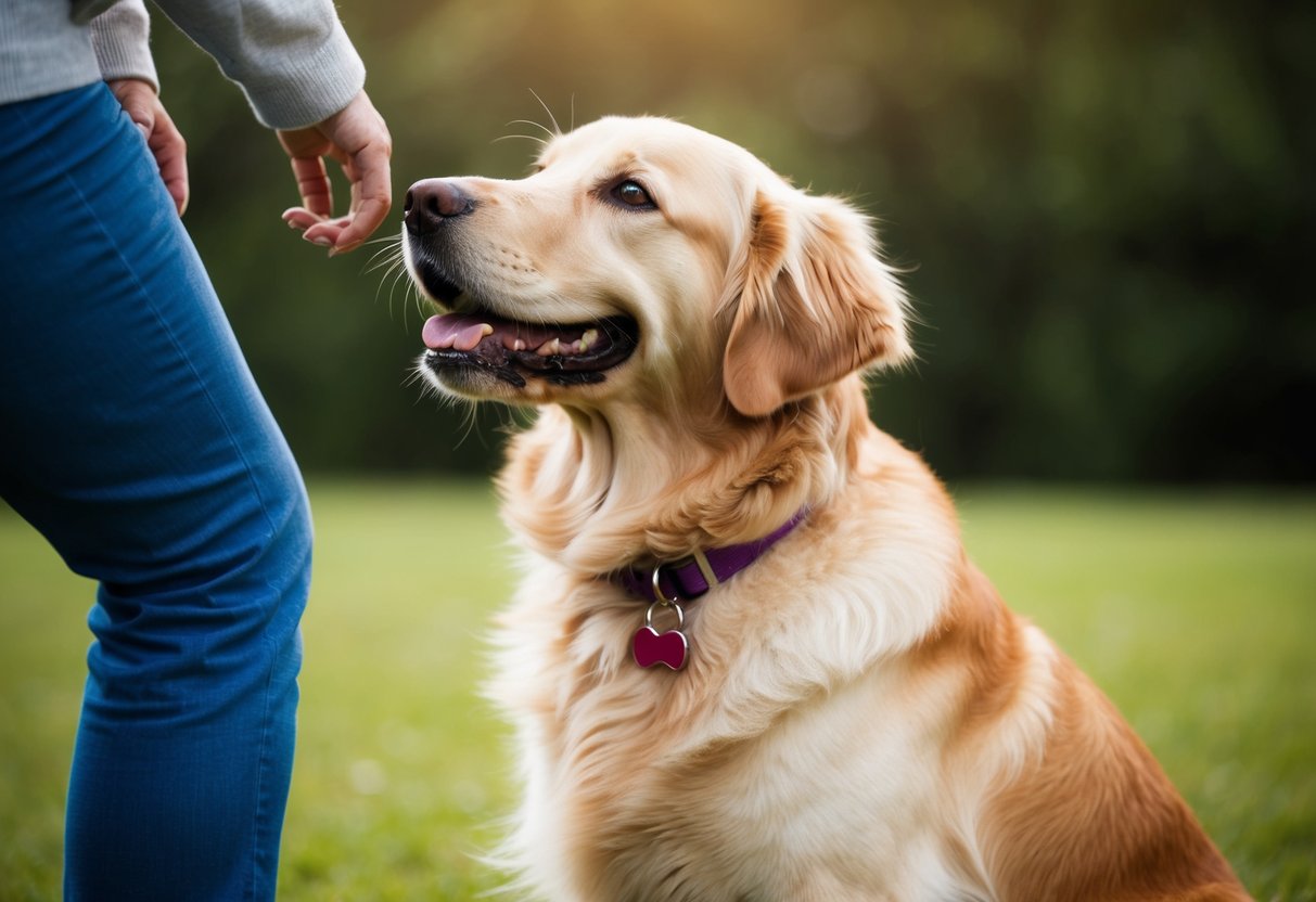 A golden retriever wagging its tail and nuzzling a person's leg with a friendly expression