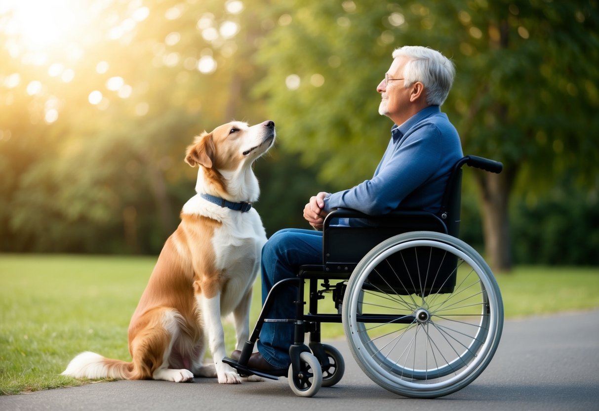 A loyal dog sitting beside a wheelchair, looking up at their owner with adoring eyes