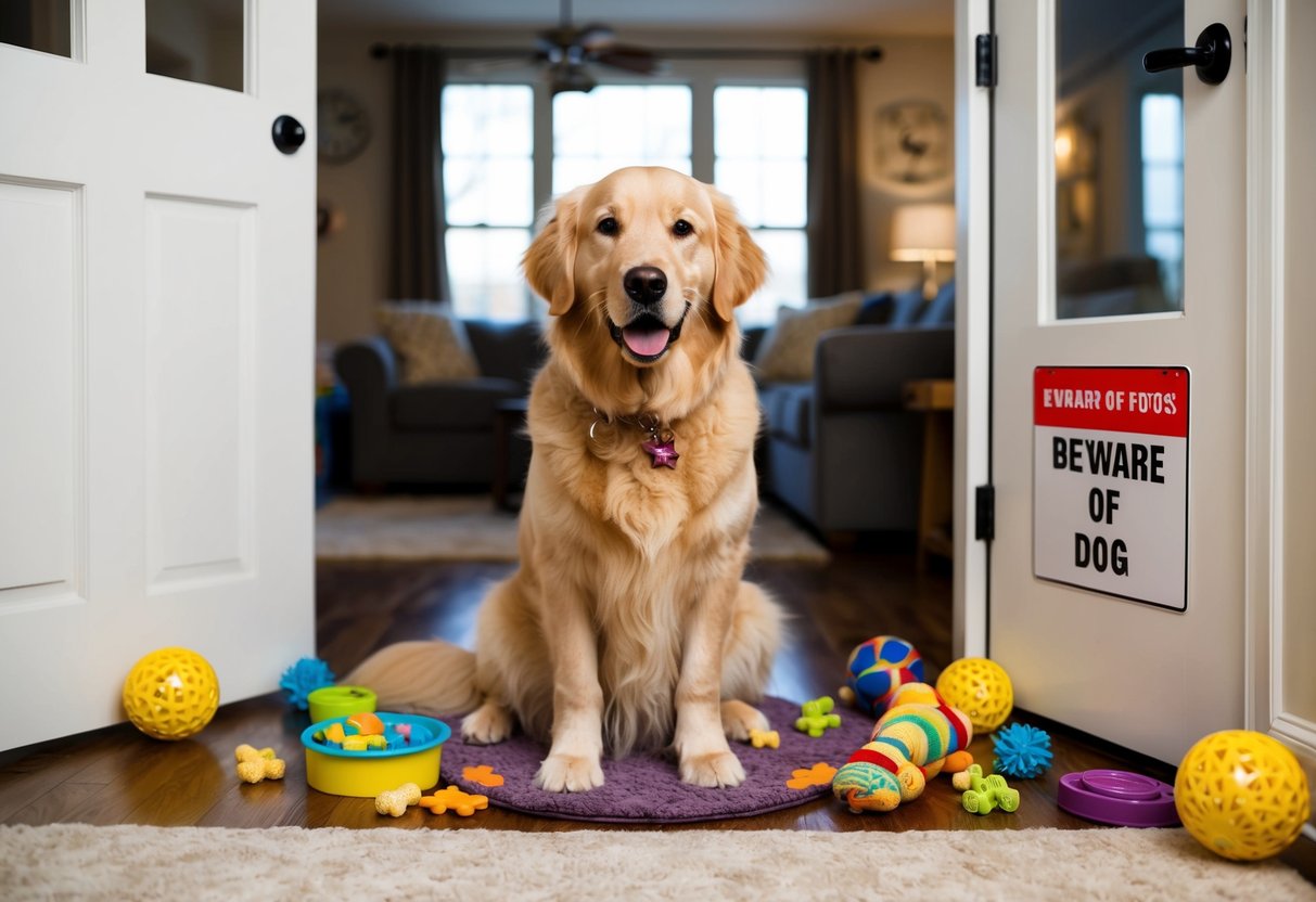 A fluffy, golden retriever sits in a cozy living room, surrounded by toys and treats. A sign on the door reads "Beware of Dog."