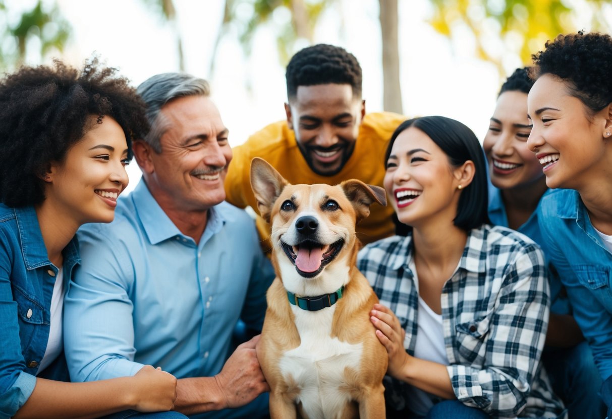 A friendly dog wagging its tail, surrounded by smiling people of different ages and ethnicities, showing affection and playfulness towards each other