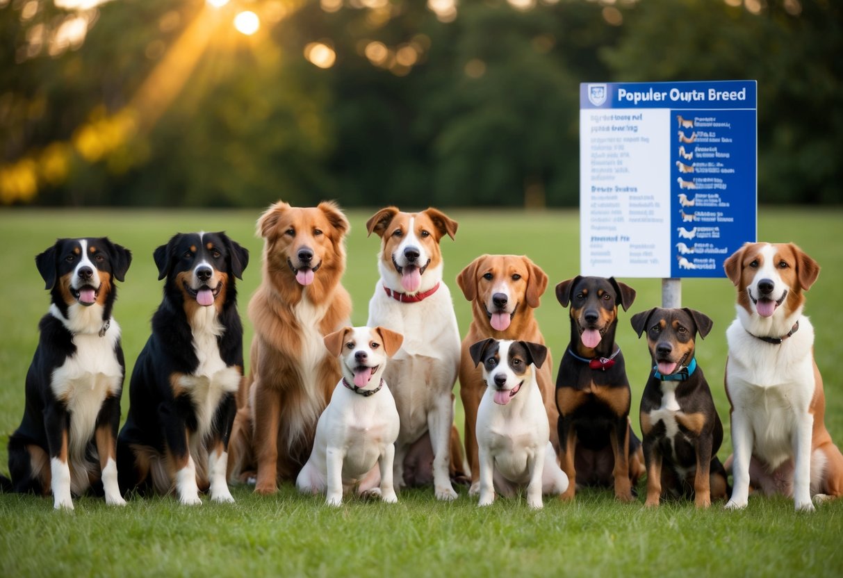 A pack of various pedigree dogs gathered around a popular breed, with ownership information displayed nearby