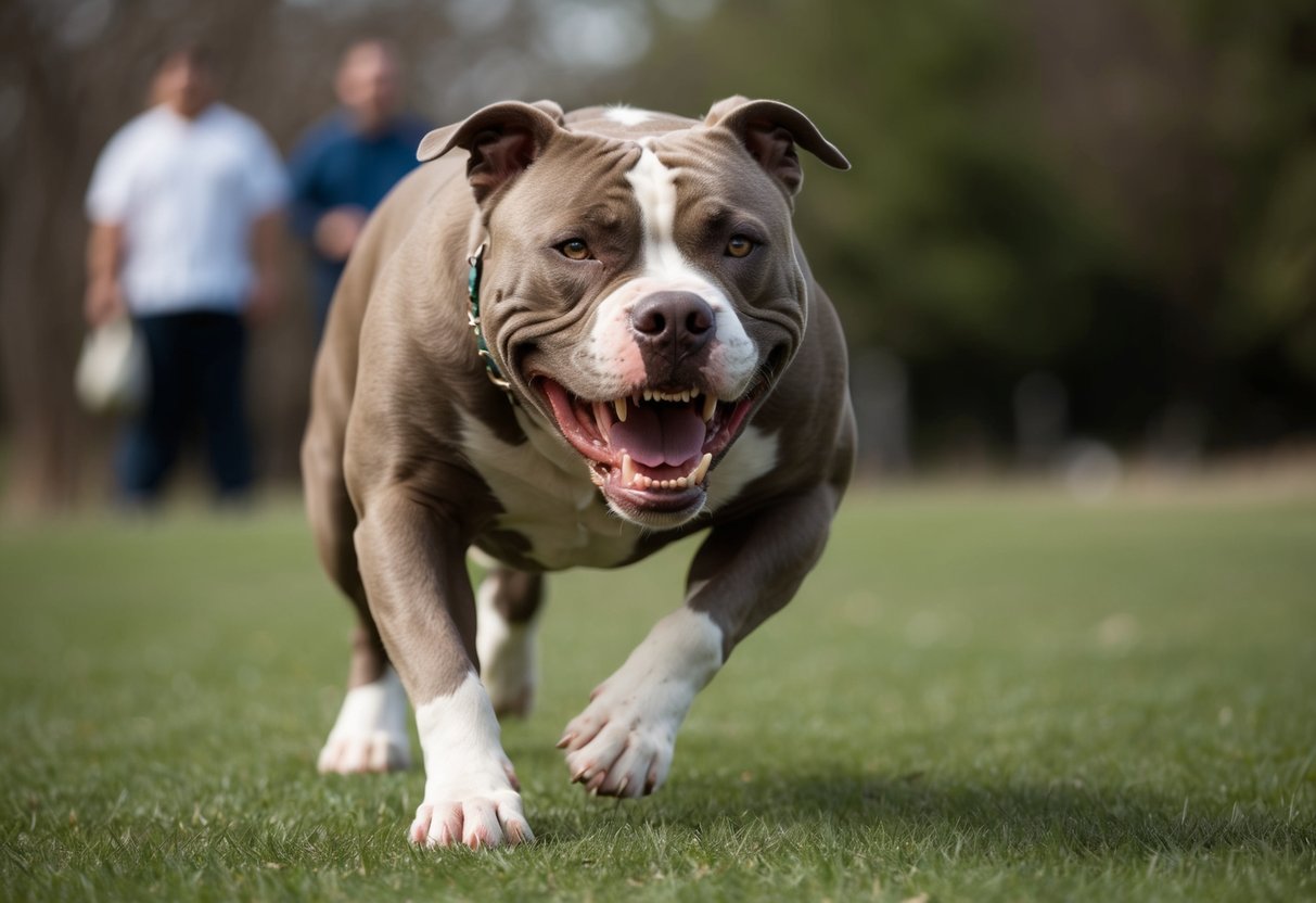A snarling pit bull lunges toward the camera, teeth bared and eyes locked on its target