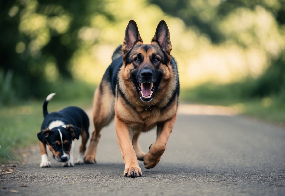 A snarling German Shepherd lunges forward, teeth bared, as a smaller dog cowers nearby