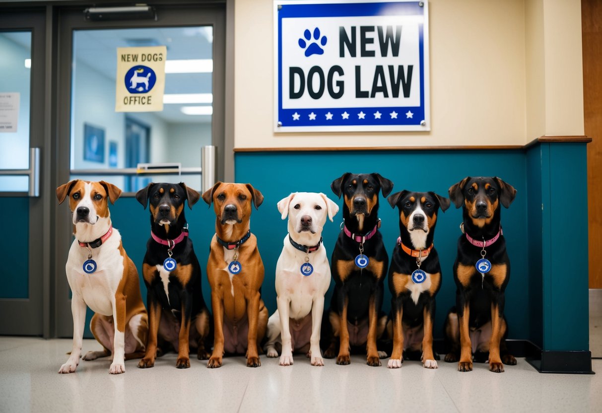 A group of dogs wearing collars with ID tags stand in line at a government office, while a sign with a new dog law is displayed prominently on the wall