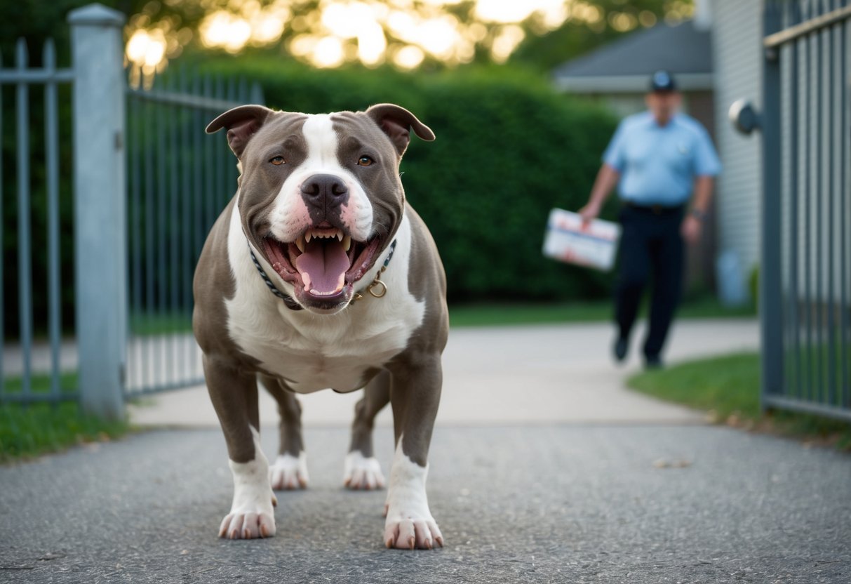 A snarling pit bull lunges forward, teeth bared, as a mail carrier nervously approaches a gated yard