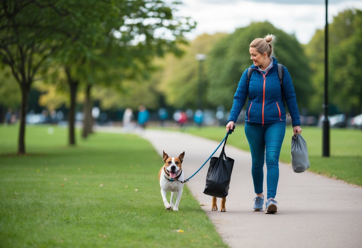 A dog owner in the UK is shown walking their dog on a leash in a public park, carrying a bag to pick up after their pet