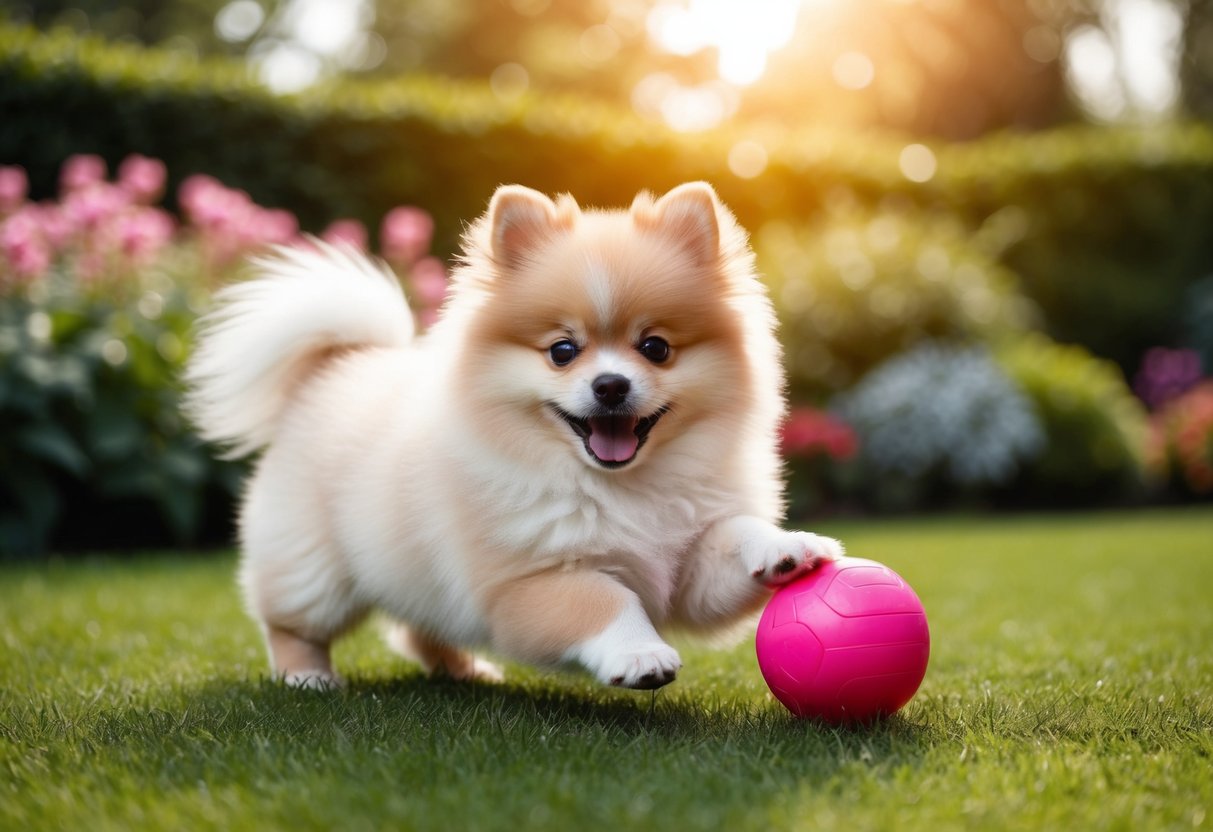 A fluffy Pomeranian puppy playing with a pink ball in a sunlit garden