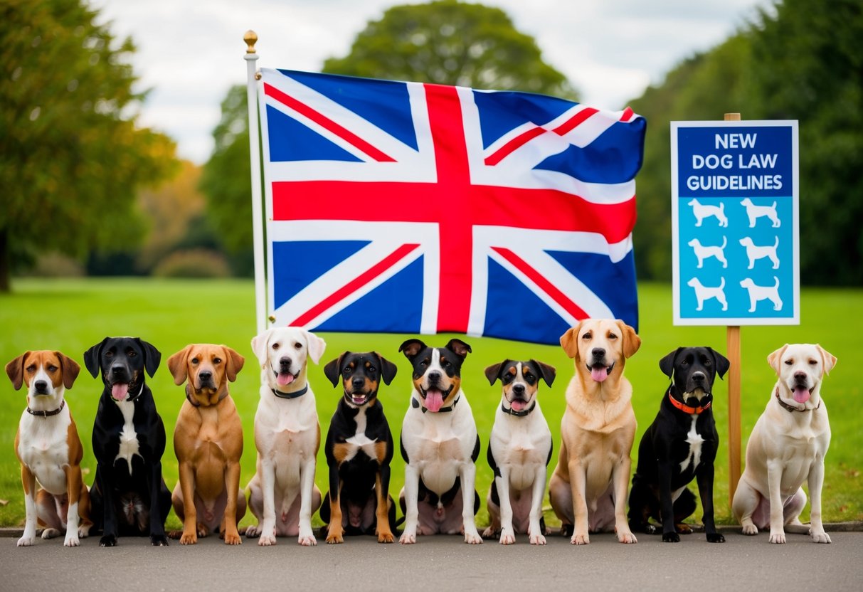 A group of various dog breeds lined up in front of a UK flag, with a sign displaying the new dog law guidelines in the background