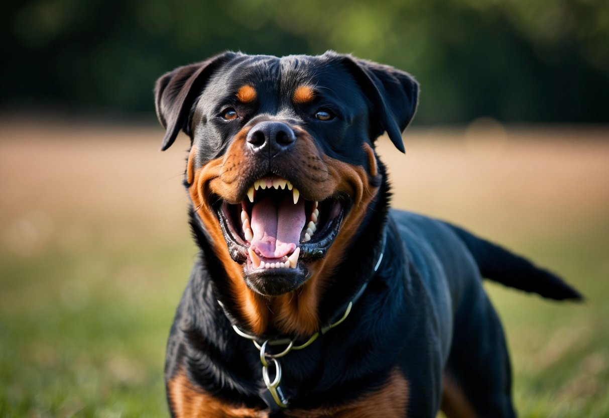 A snarling, teeth-baring Rottweiler stands with raised hackles and furrowed brow, emitting a low, guttural growl