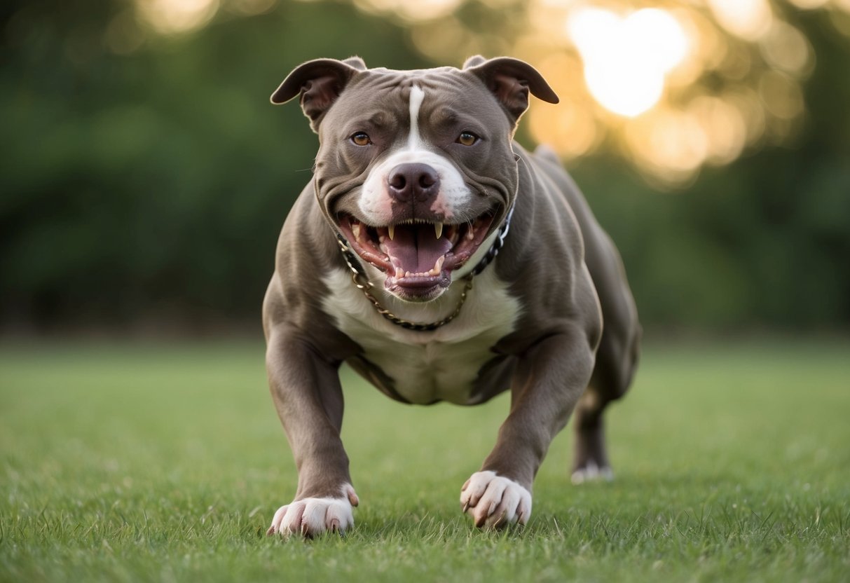 A snarling pit bull lunges forward, teeth bared and muscles tensed, as it fiercely defends its territory