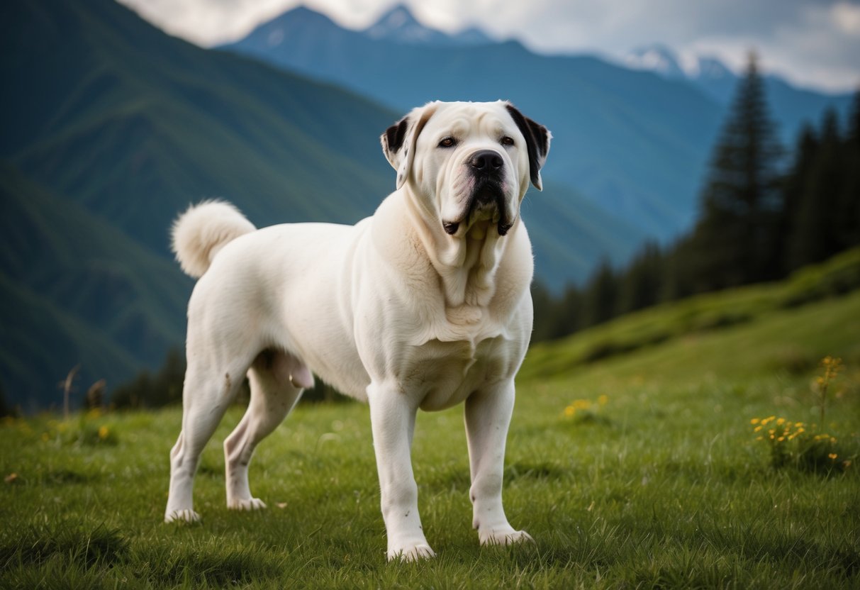 A majestic white and black Tibetan Mastiff stands proudly in a lush, mountainous landscape, exuding an aura of regal rarity