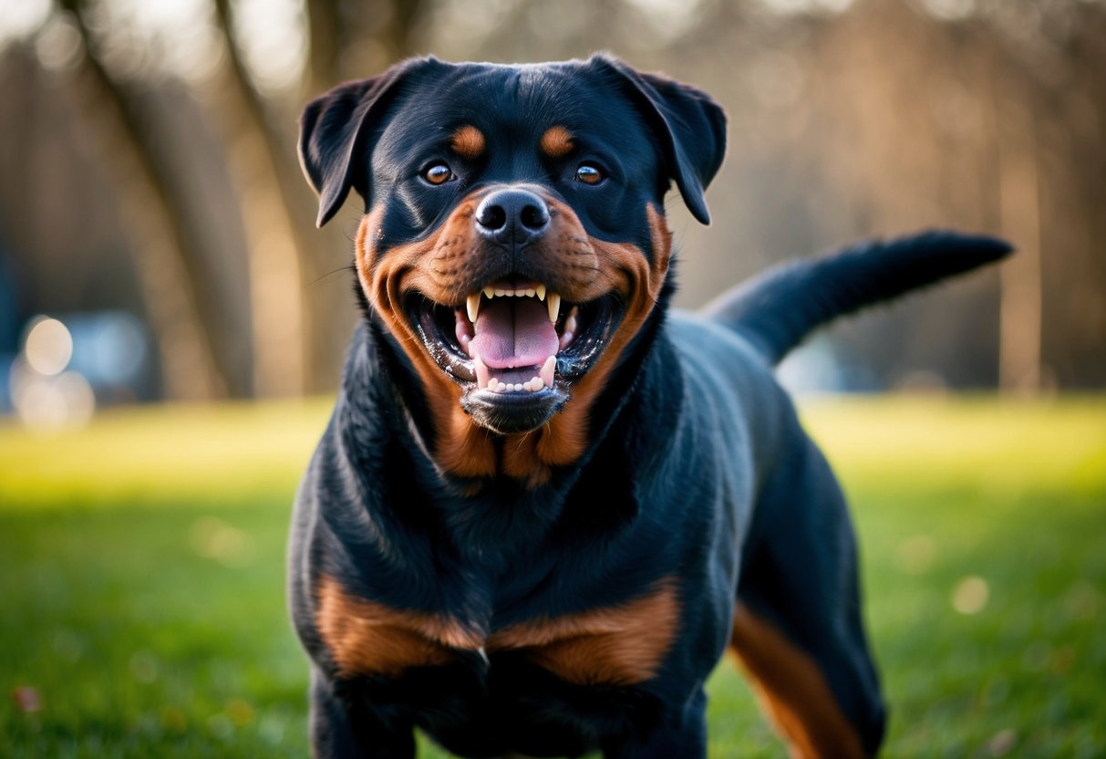 A snarling Rottweiler, teeth bared and fur bristling, standing in a defensive stance with ears pinned back and eyes fixed on an unseen threat