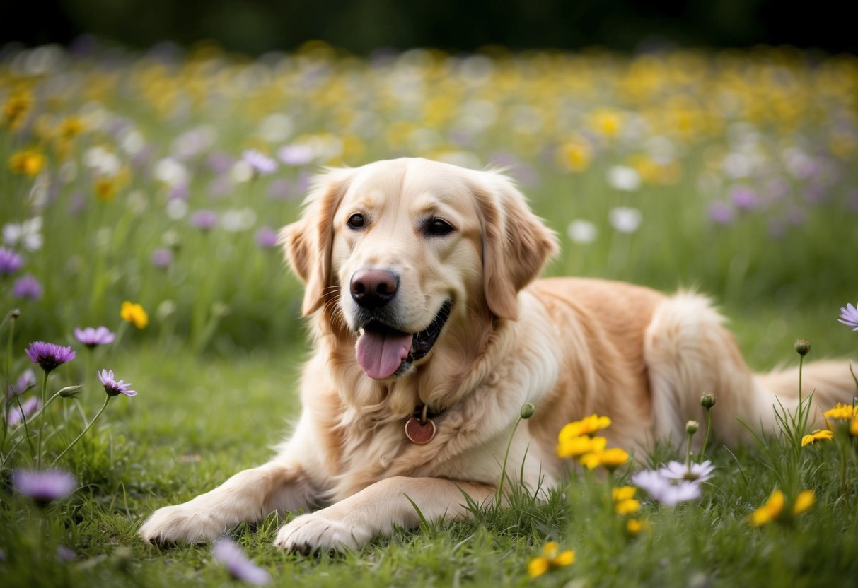A golden retriever lies in a field of flowers, with a gentle smile and wagging tail