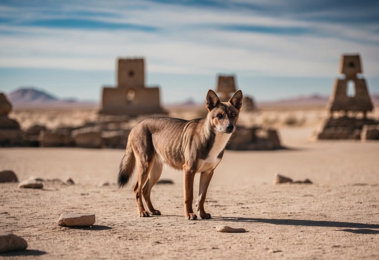 A lone, elusive Xoloitzcuintli stands proudly in a vast, remote desert landscape, surrounded by ancient ruins and mysterious symbols carved into the stone