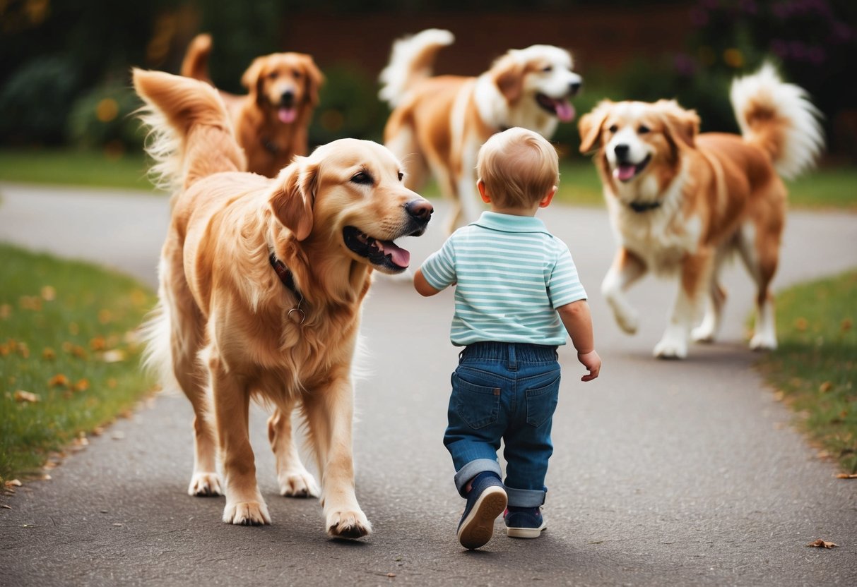 A golden retriever wagging its tail, approaching a child with a gentle expression, as other dogs play happily in the background