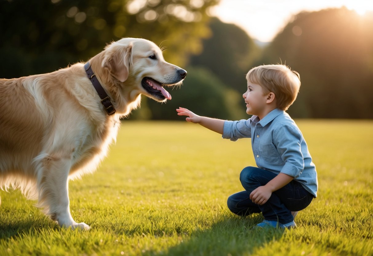 A golden retriever wagging its tail, approaching a child with a big smile