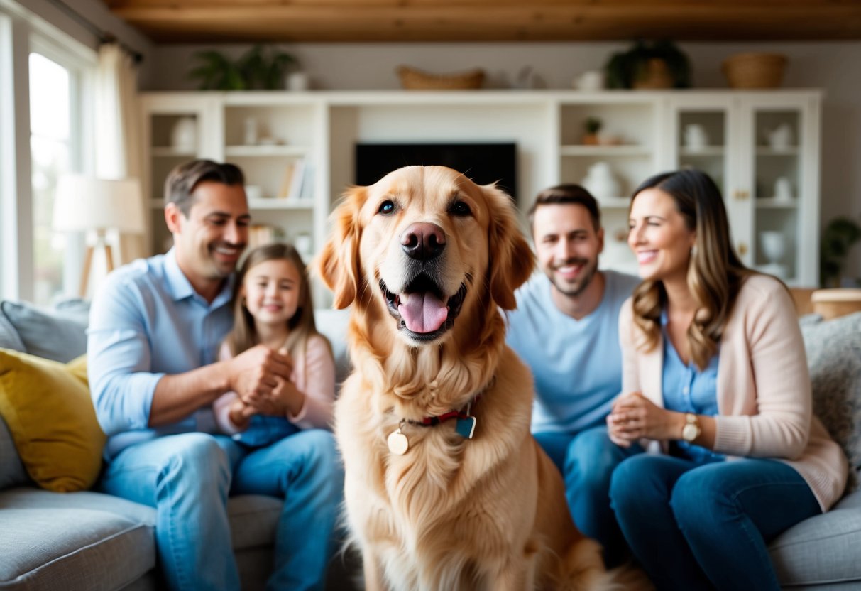 A golden retriever wagging its tail, surrounded by a happy family in a cozy living room