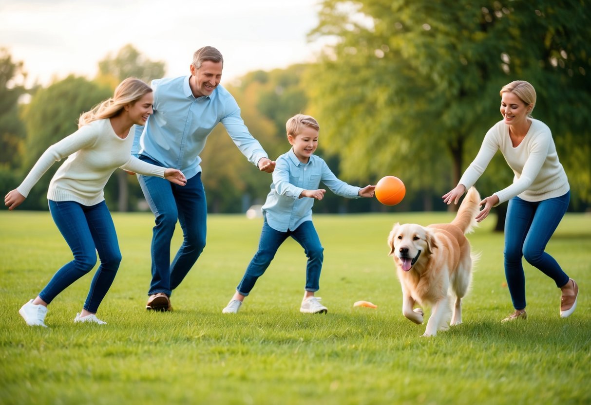 A happy family playing fetch with a golden retriever in a grassy park