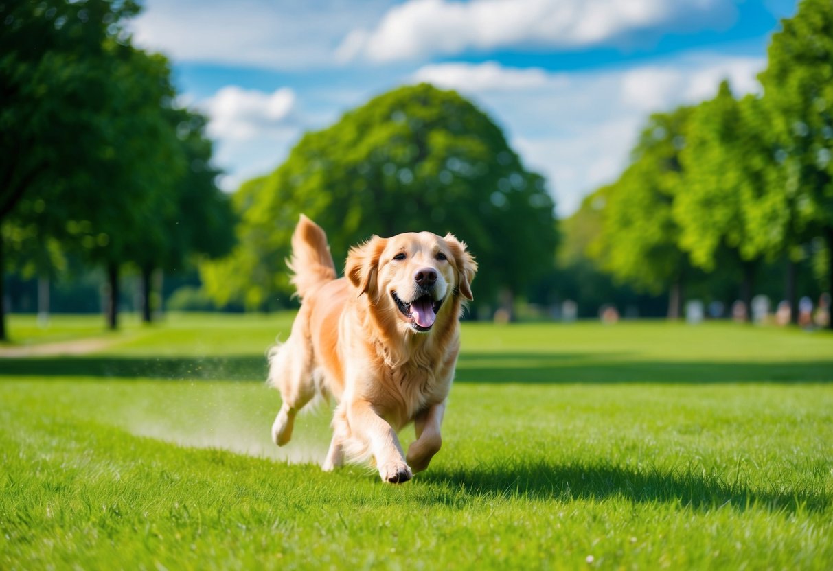 A happy, energetic Golden Retriever running through a lush, green park with a bright blue sky overhead