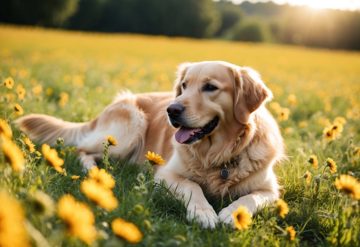 A golden retriever lying in a field of wildflowers, with a gentle breeze blowing and the sun shining down