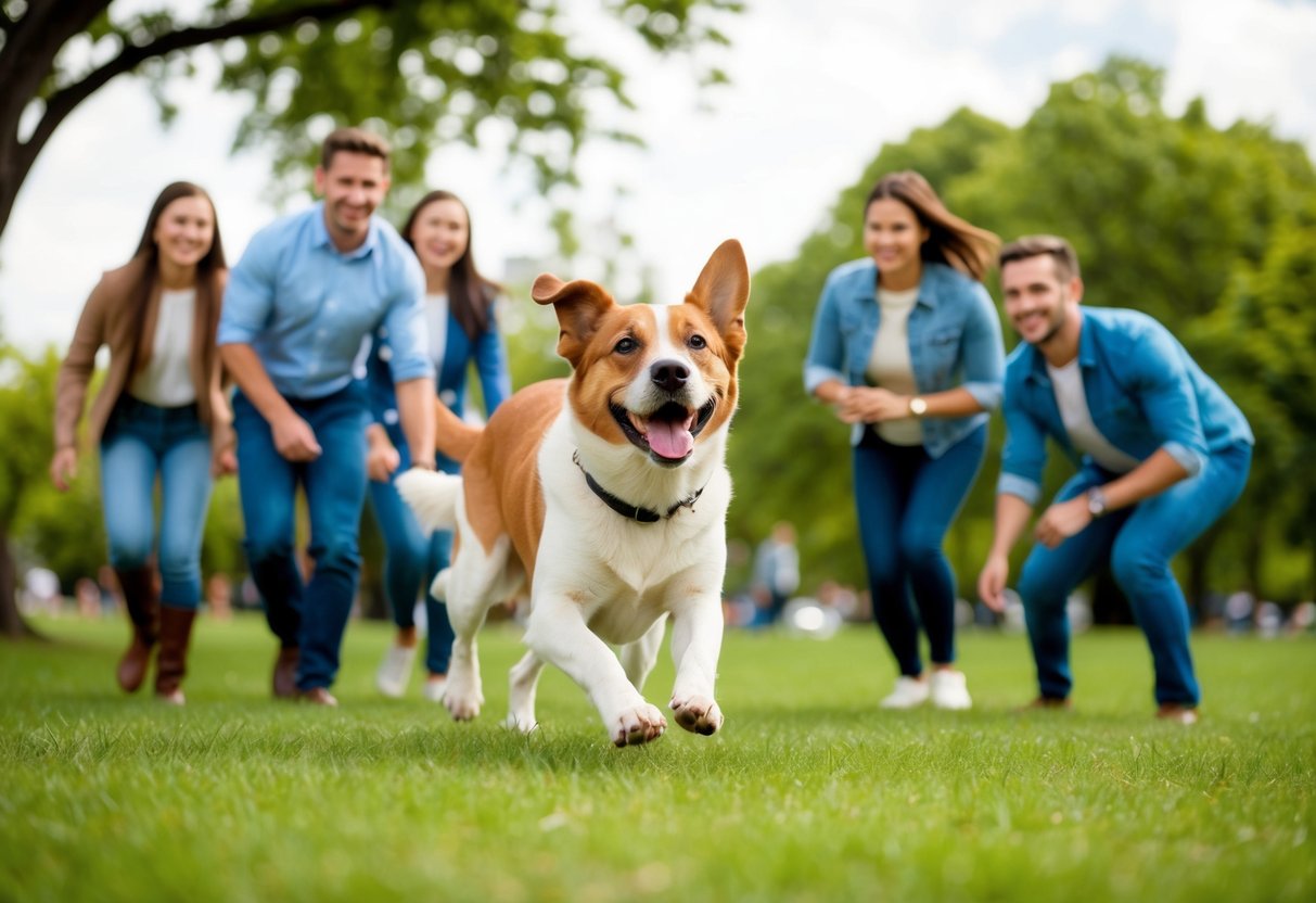 A happy dog playing with a group of people in a park