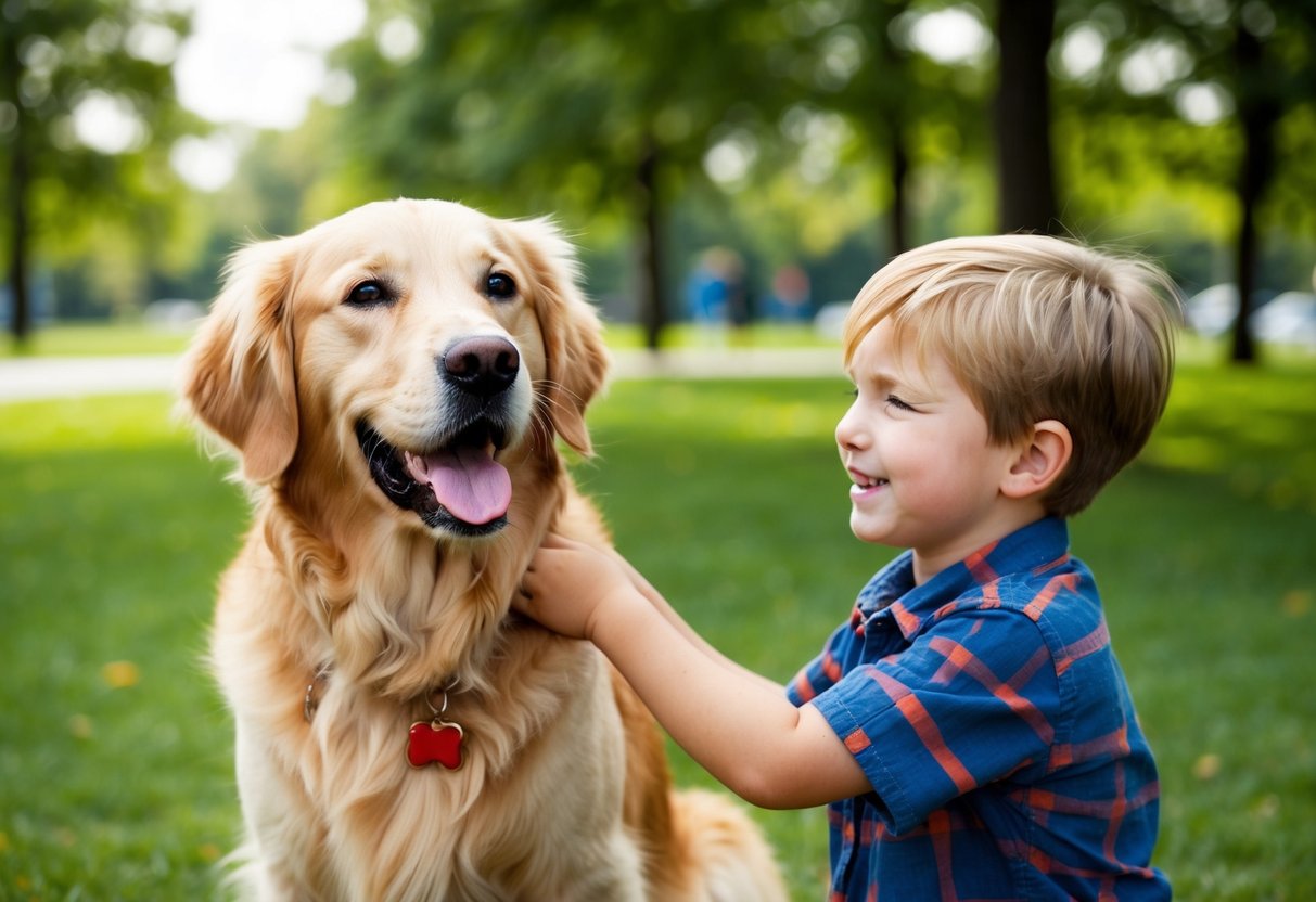 A Golden Retriever wagging its tail while being pet by a smiling child in a park
