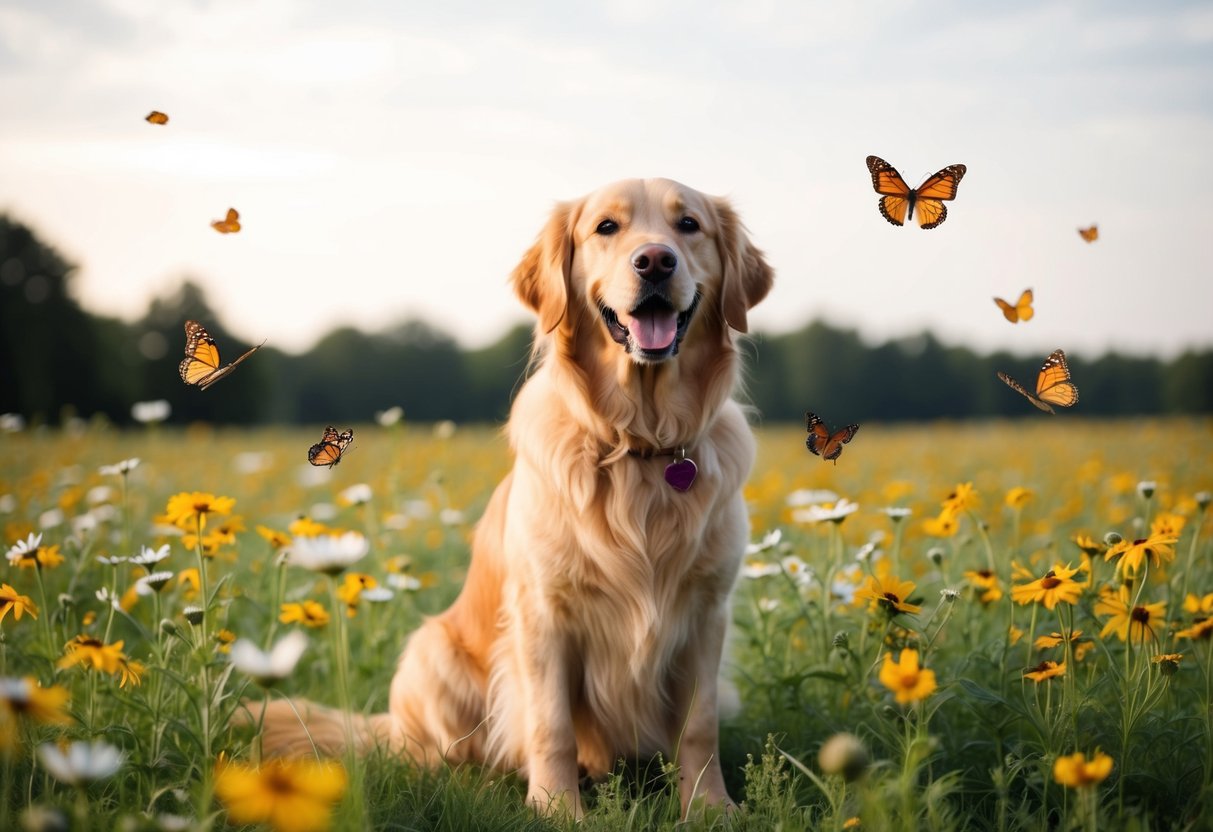 A happy Golden Retriever sitting in a field of flowers, surrounded by butterflies and a gentle breeze