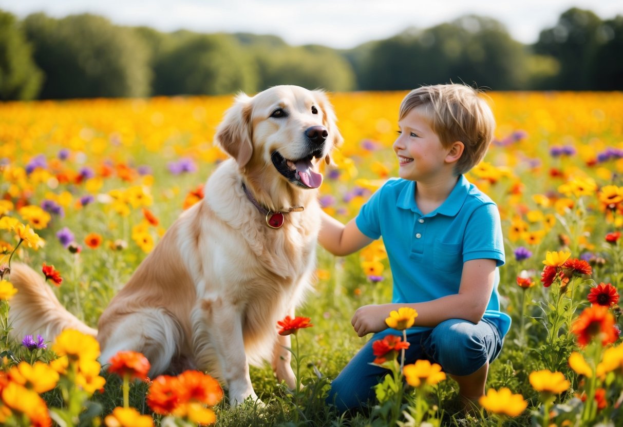A golden retriever wagging its tail, sitting next to a smiling child, surrounded by a field of colorful flowers