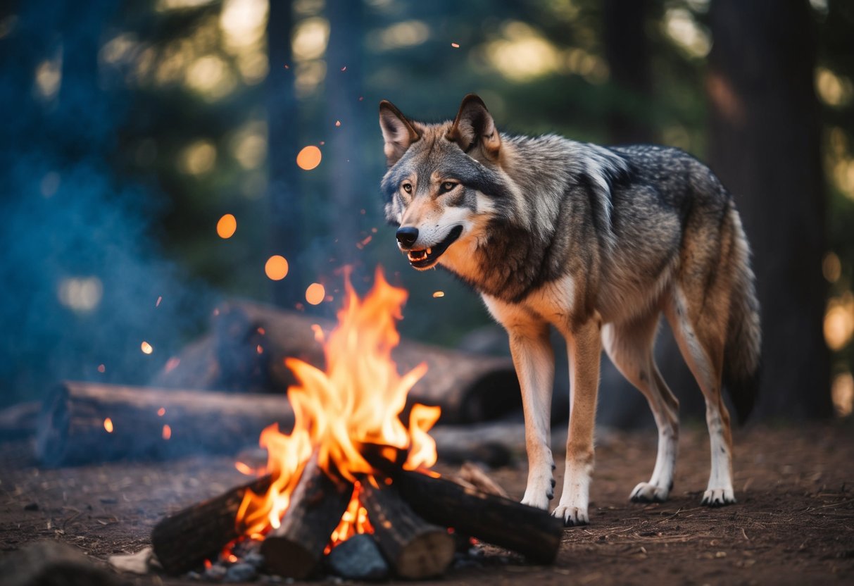 A wolf-like creature standing near a campfire