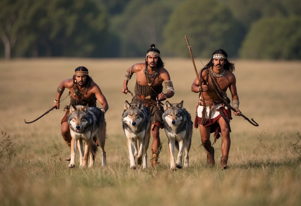 Ancient people hunting with wolves